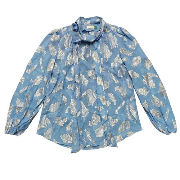 RIXO London Georgette Moss Leaf Jacquard Silk Blouse Palm Silver Blue Size Small - Picture 2 of 6